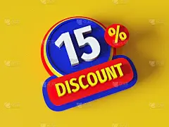 15%折扣- 3d渲染概念横幅设计。销售抽象创意布局。位图光栅数字插图海报。企业财务的迹象。广告促销