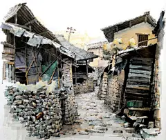 旧村落写生，用水性马克笔绘制的乡村民居手绘。来自夏克梁先生作品.