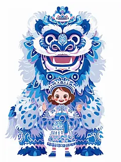 一个中国小女孩站在舞狮前 青花瓷海报