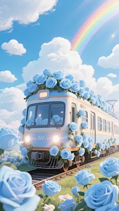 手绘蓝色花朵插画背景素材手绘列车