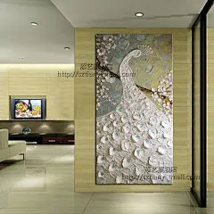 添艺油画抽象手绘油画现代客厅竖幅装饰立体玄关壁画 高贵孔雀