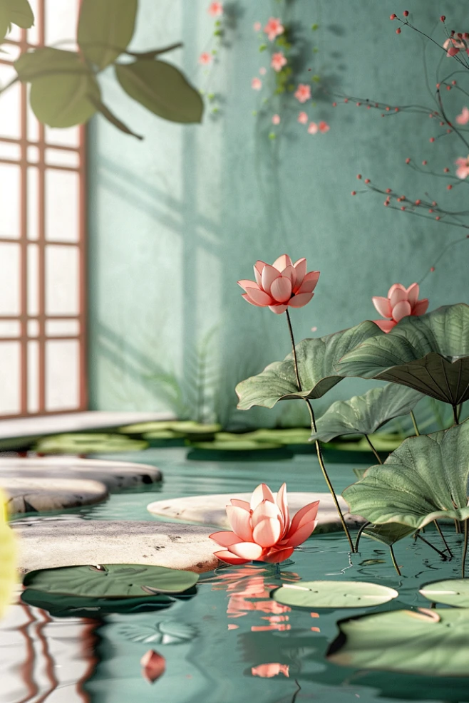 典雅的古典荷花禅意场景-花瓣网
