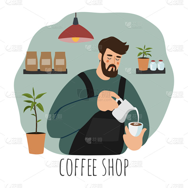 咖啡杯,咖啡师,矢量,手,绘画插图,平坦...