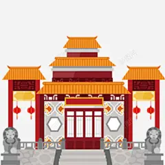 手绘门楼狮子台阶 创意素材