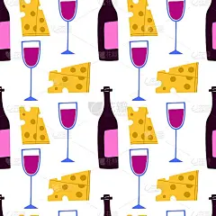 卡通酒和奶酪无缝图案。手绘瓶和玻璃，红色液体在葡萄酒杯，奶酪和葡萄酒精饮料。装饰纺织品，包装纸壁纸，