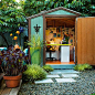 Def some inspiration here for the shed in our backyard, since we want to make it into an art studio for the kids. Love the idea of painting it a fun color.: 