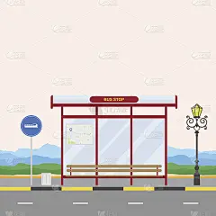 巴士站在自然的背景与长椅和一个交通标志。平面矢量插图EPS 10。