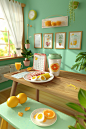There is a coffee cup with a green lid on the table. There is a white plate next to the coffee cup with a green lid. There are sliced hard-boiled eggs, ham sausages, sliced oranges, and corn on the plate. There is a calendar behind the plate. The colors a