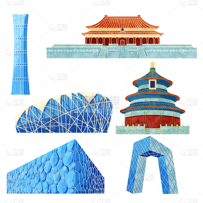 建筑系列通用描边手绘城市建筑组合元素素材