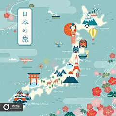 日本地图旅游景点日系风格传统文化工艺品插图手绘插画矢量素材 - 素材喵