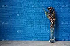 玻璃花瓶，干树枝和蓝色墙纸