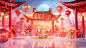 红色国潮背景，灯笼，凉亭，喜庆元素