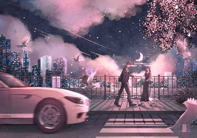 城市陷进云里，我牵起你_果果卿__插画师...