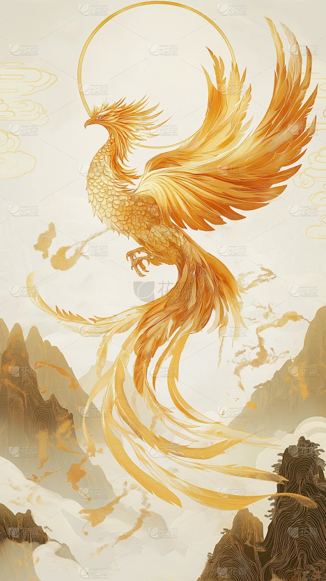 动物系列国潮金描边插画凤凰中式元素背景图片素材-花瓣网