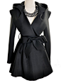 Black Hoodie Belt Waist Open Long Coat