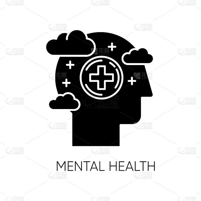 心理健康字形图标。情绪健康。治疗和咨询。缓解压力，保持健康。心理上的支持。冷静头脑。轮廓的象征。负空