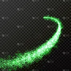 绿色粒子波或彗星轨迹与闪闪发光的效果矢量透明背景