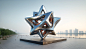 A modern and minimalist landmark sculpture called 'Star of Oujiang' for Wenzhou Lucheng Plaza, located by the Oujiang River. The sculpture is very small in size, featuring a combination of polished stainless steel and colored glass (liuli). The design is 
