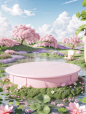 A pink round table in the middle of the water, surrounded by green grass and various flowers, the background is a three-dimensional mountain, pink sky, high definition, 3D, Pixar style, C4D rendering