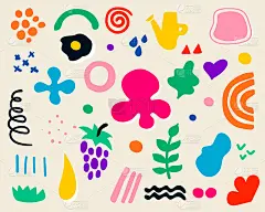 手绘设计背景。多彩的当代时尚的形状和涂鸦孤立的对象。大设置现代矢量艺术插图。适合纺织印花织物，封面，