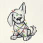 其中包括图片：cute puppy dog wrapped in Christmas tree lights, hand painted and drawn watercolor Christmas illustration, funny naughty puppy Christmas card design Stock Illustration