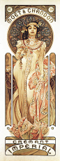 阿方斯·慕夏(1860-1939)alphonse mucha 波西米亚人，1860年出生于捷克共和国莫拉维亚, 希望能成为一个历史画家.慕夏在今日已是捷克公认的国宝，其所创作的海报与饰板，更是现代印刷美术设计的典范。他所创造出的画中女子，优雅迷人、在欲言又止中带着一股诱人心魄的魅力，与毕尔斯利、克林姆笔下的奇特异色女子，形成强烈的对比，塑造出属于慕夏个人独特而甜美的清新典型，而成为新艺术中的佼佼者。