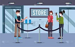 对covid - 19雏菊进行温度检测。保安用温度计检查了商店里的冠状病毒。对人们进行热扫描和海报宣
