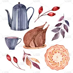 感恩节的一套水彩画插图。手画火鸡在盘子里，玫瑰果，茶壶和一杯茶，苹果派，秋天的树枝。节日表。