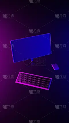 电脑，屏幕，鼠标，键盘上的抽象灯光效果紫色和蓝色壁纸3D渲染。垂直的插图背景。