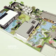 su素材现代日式木屋茶楼茶室会所餐厅荷花池小桥水景庭院su模型-淘宝网