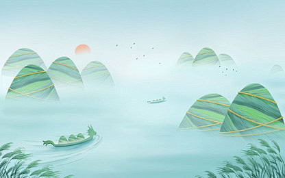 端午节插画手绘粽子山水背景节日习俗风景划...