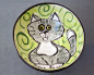 Earthenware Clay Pottery Bowl Grey and White Cat on Green / Hand Thrown / Clay Lick Creek Pottery