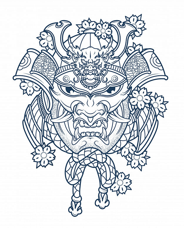 邪恶的日本武士面具线稿线条插画矢量图素材