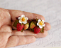 Strawberry blossom earrings. Clay floral berry earrings. White flowers, red strawberries olive green leaves. Polymer clay art  jewelry.