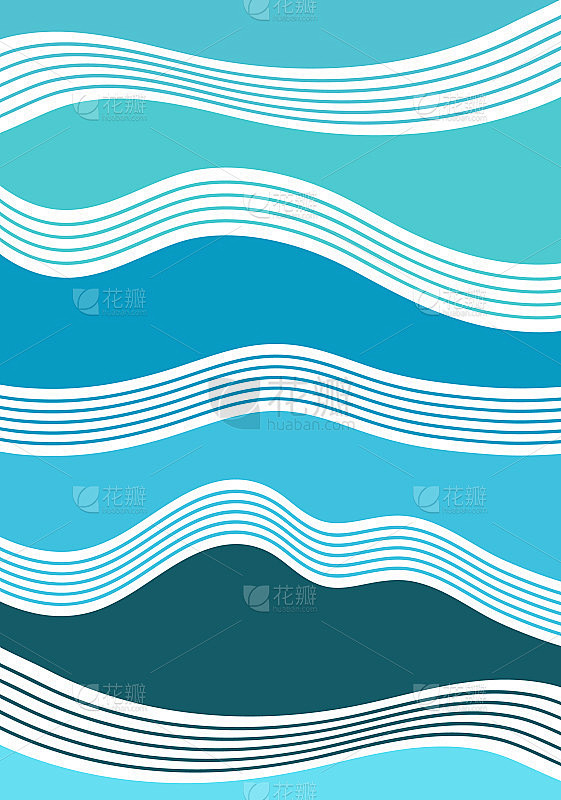抽象蓝色背景与矢量图像的海浪，海洋，河流或水。海洋设计主题。一种带有蓝色渐变的平滑波浪线的图案。插图