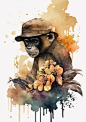 水彩风格猴子艺术插画矢量图设计素材