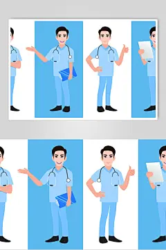蓝白简约手绘医生护士插画矢量素材-众图网