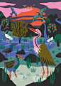 Poster BIRD RESERVE by Marijke Buurlage  The magical bird reserve at sunset: one of the five illustrated highlights of a boat trip on the Mekong River in Cambodia. Printed on beautiful Tintoretto Gesso paper, which has a lovely, natural texture (see close