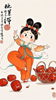 全景,水墨插画,极简主义，漂亮的唐代女士插画,拟人化的红枣，在运动，健身，现代人物与古风工笔画结合，画风细腻成熟，独特的风格，识别度高，人物讨喜又不失韵味，可爱的Q版唐代风俗画图，场景干净，纯色背景