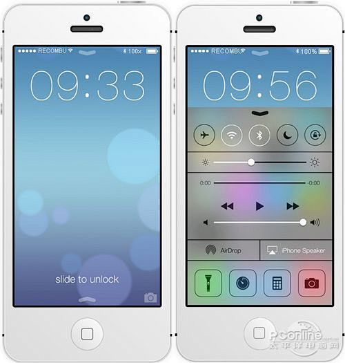 图2 苹果iOS 7锁屏界面和控制中心