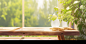 wooden table in front of window, sunny space, background with greenery, in the style of nature-inspired abstractions, consumer culture critique, tranquil gardenscapes, translucent overlapping, contemporary diy, precisionist, 32k uhd