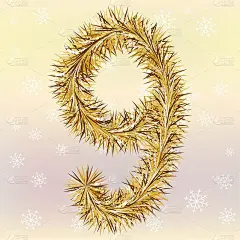 在黄色和粉红色模糊的背景上，用毛皮或金属丝文字效果的圣诞字母9