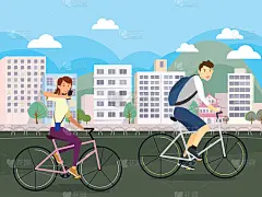 一对夫妇在公园道路上骑自行车在城市背景矢量插画设计