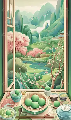 清明节青团桃花高山树木流水背景高清模板免费下载-趣麦麦图