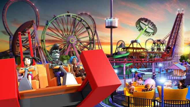 Characters from Roblox enjoying rides in an amusement park-花瓣网