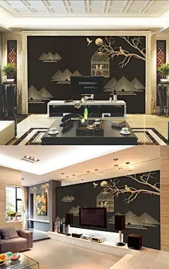 金色手绘山水花鸟图客厅背景墙