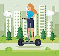 女人骑电动车和城市景观