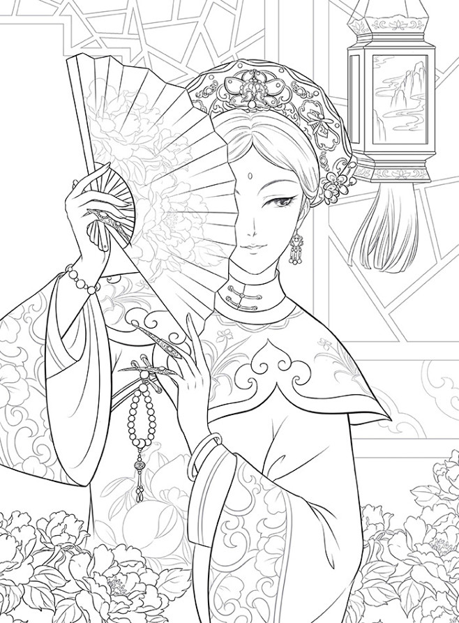 古风涂色线描 哒哒猫著手绘彩铅笔涂色书描画本思美人秘密花园填色书