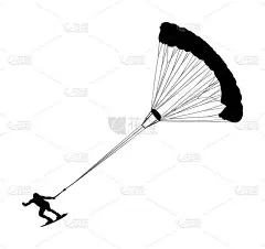 男子骑风筝板矢量剪影。极限水上运动风筝板与降落伞。风筝冲浪在海浪上。在海滩上冲浪风筝，在暑假期间享受
