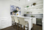 Seated home bar - transitional u-shaped dark wood floor and brown floor seated home bar idea in Los Angeles with shaker cabinets, white cabinets and white countertops